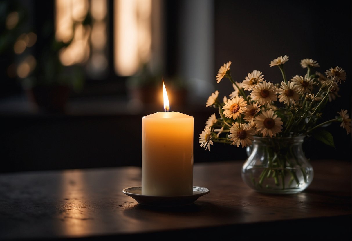 A single candle burning brightly in a dark room, surrounded by wilted flowers, with a beam of light shining through a small window
