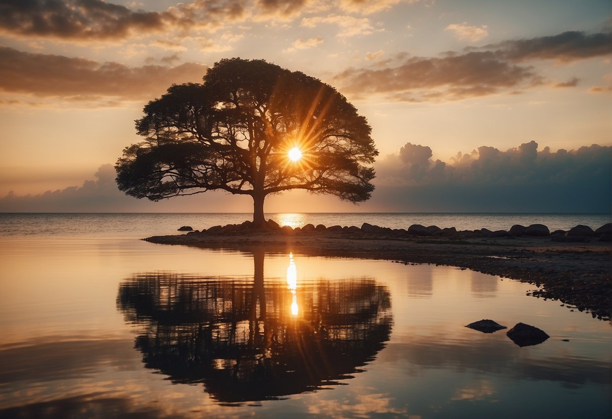 A radiant sunrise over a calm sea, with a single tree on the shore symbolizing hope. Rays of light pierce through the clouds, casting a warm glow on the landscape