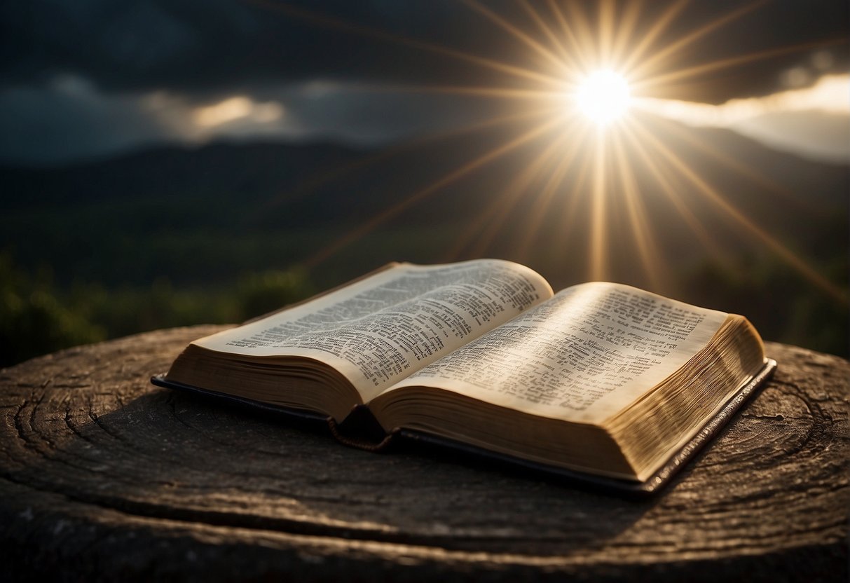 A beam of light shines through dark clouds onto an open Bible, highlighting verses about hope