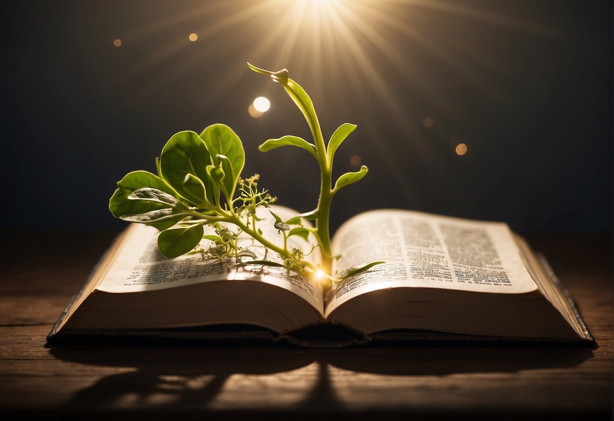 A beam of light shines down on a sprouting seed, surrounded by a halo of glowing text from bible verses about hope and faith