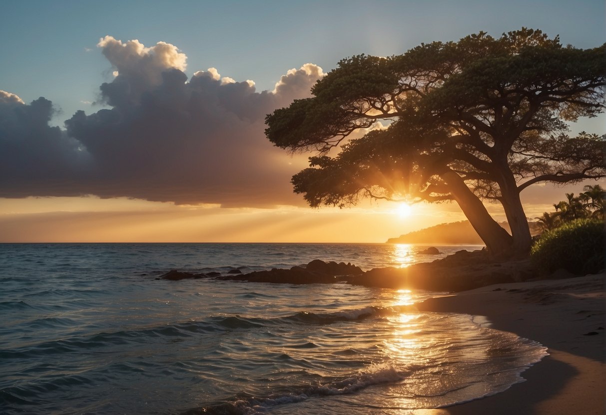 A sunrise over a calm sea, with a single tree on the shore, symbolizing hope and new beginnings. Rays of light breaking through the clouds, illuminating the scene