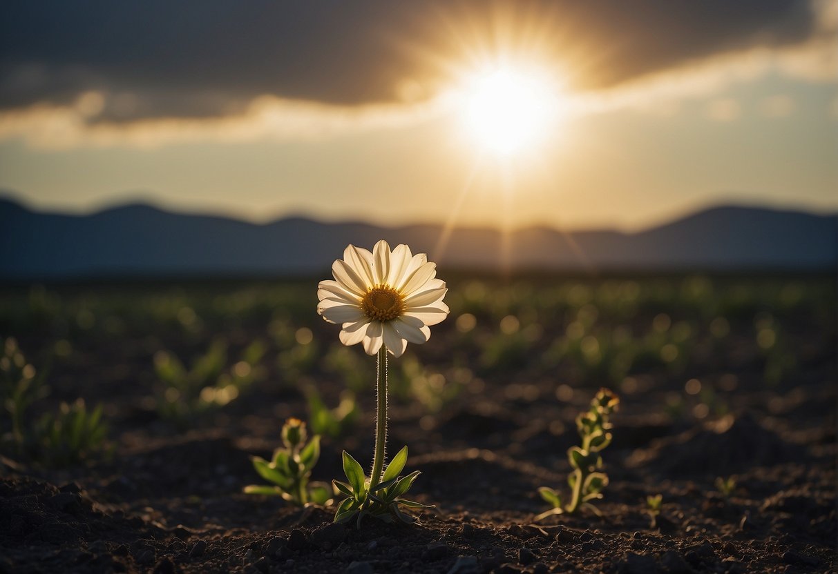 A beam of light shining through dark clouds, illuminating a single flower growing amidst barren land