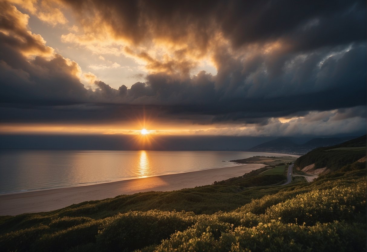 A sunrise over a calm sea, with a beam of light breaking through the clouds, symbolizing hope