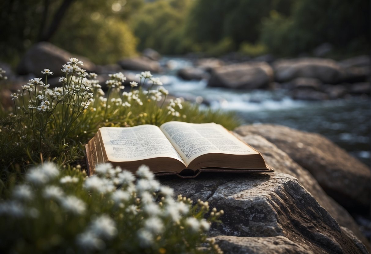 A serene landscape with an open Bible resting on a rock, surrounded by blooming flowers and a gentle stream flowing nearby