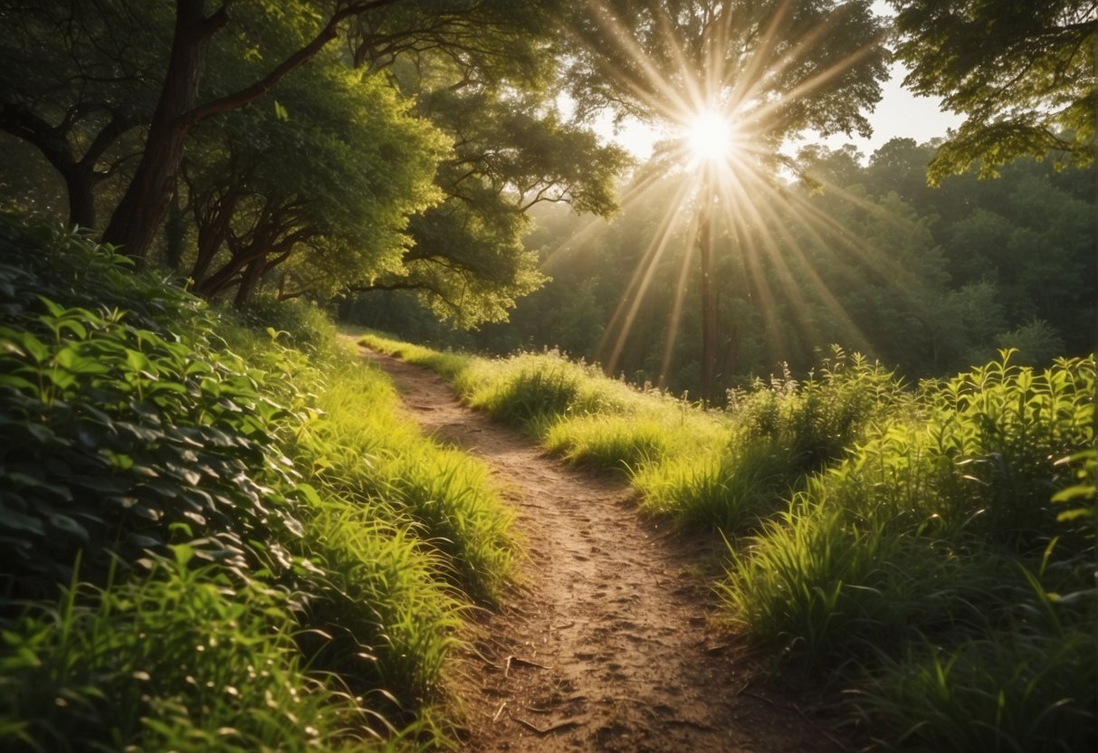 A narrow path winds through a lush, green landscape, with rays of sunlight shining down on it. A sense of peace and tranquility emanates from the scene
