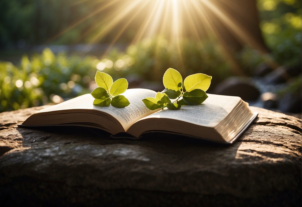 A serene landscape with a flowing river, lush greenery, and a radiant sun shining down, with open bible pages floating in the air, surrounded by a sense of peace and spiritual connection