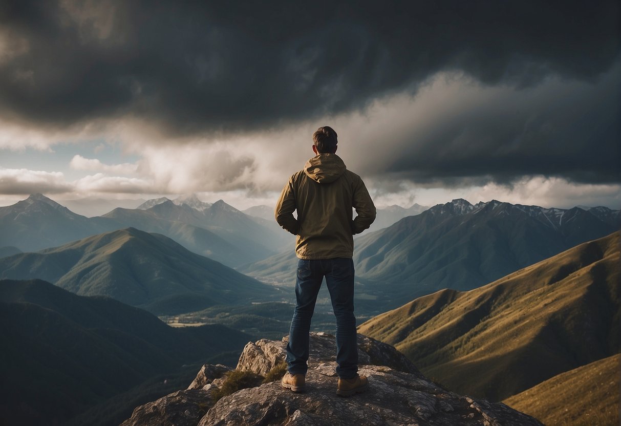 A person standing on a mountain peak, facing a stormy sky with determination, while holding a Bible open to verses about overcoming challenges