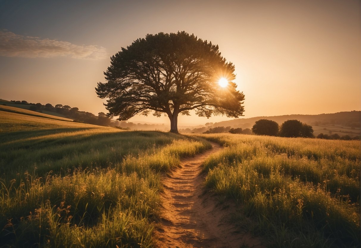 A bright sunrise over a tranquil landscape, with a path leading towards a distant horizon. A tree stands tall, symbolizing hope and purpose