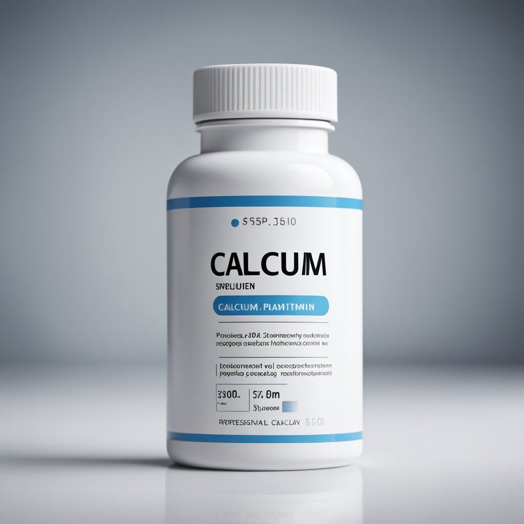 A bottle of calcium supplement without vitamin D sits on a white countertop. The label prominently displays the product name and key information