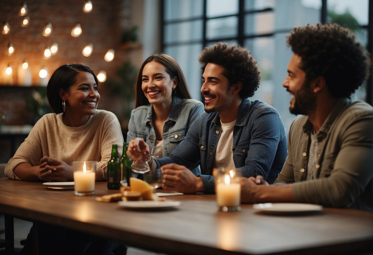 A group of friends sitting around a table, sharing laughter and support, with a sense of warmth and camaraderie