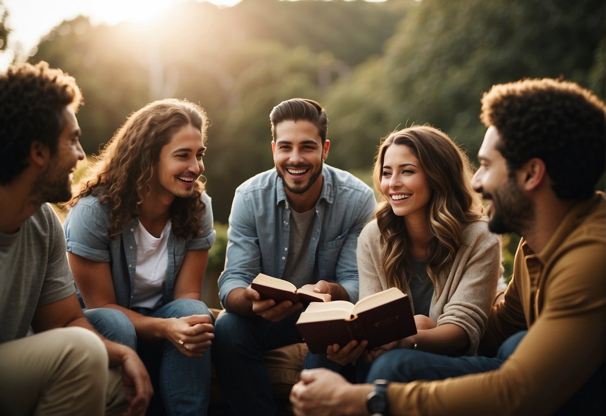 A group of people sitting together, sharing laughter and support. A Bible open to verses about friendship, with highlighted passages. The scene exudes warmth and companionship