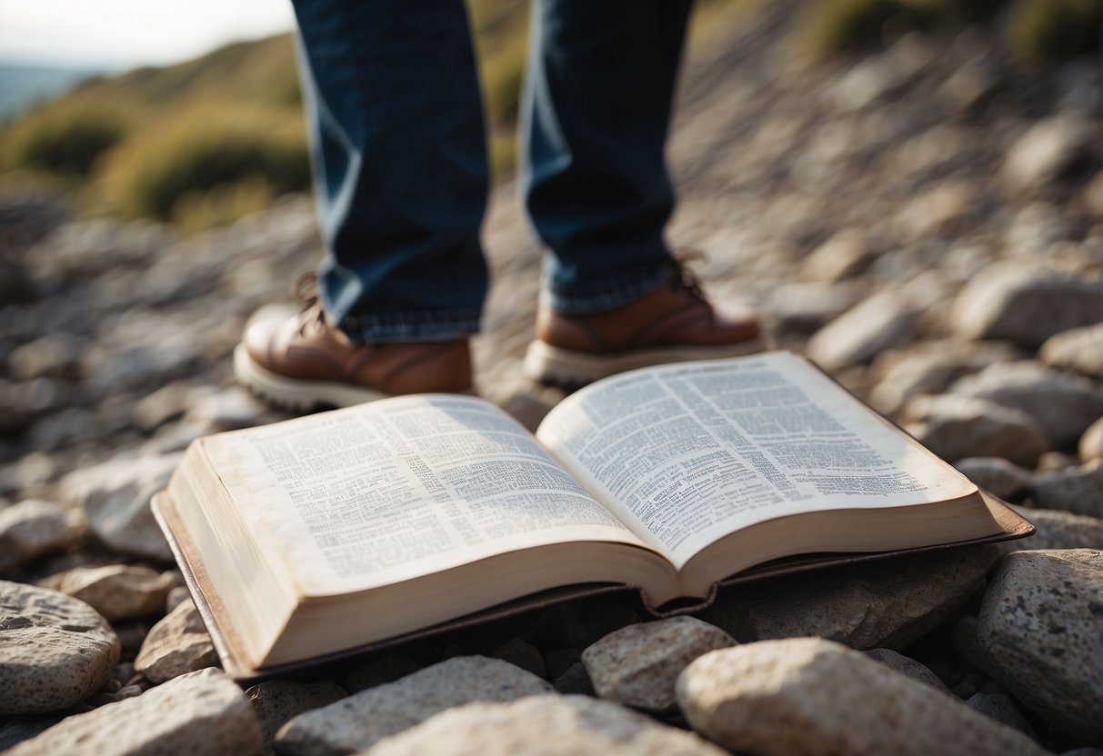Two friends walking together on a rocky path, supporting each other through difficult times. A Bible open on a nearby rock, with verses about friendship highlighted