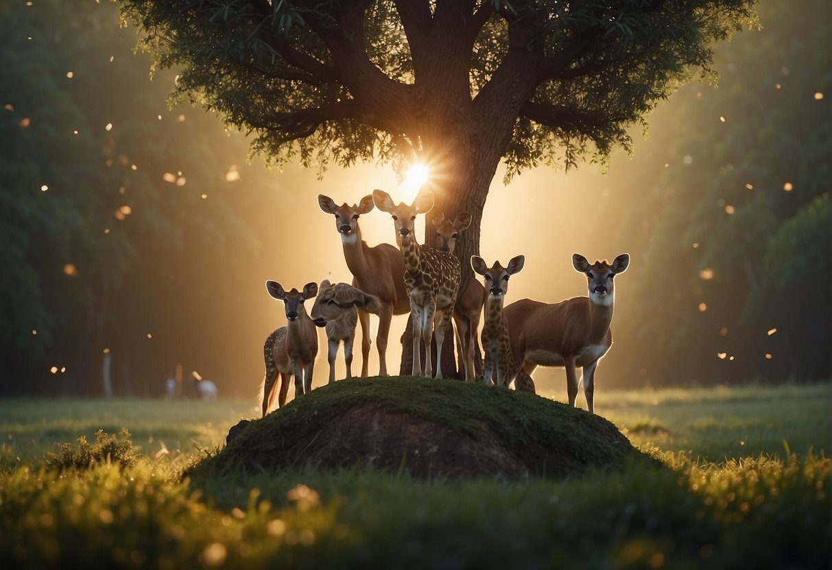 A group of diverse animals encircle a tree, symbolizing friendship. Bible verses float above, radiating warmth and inclusivity