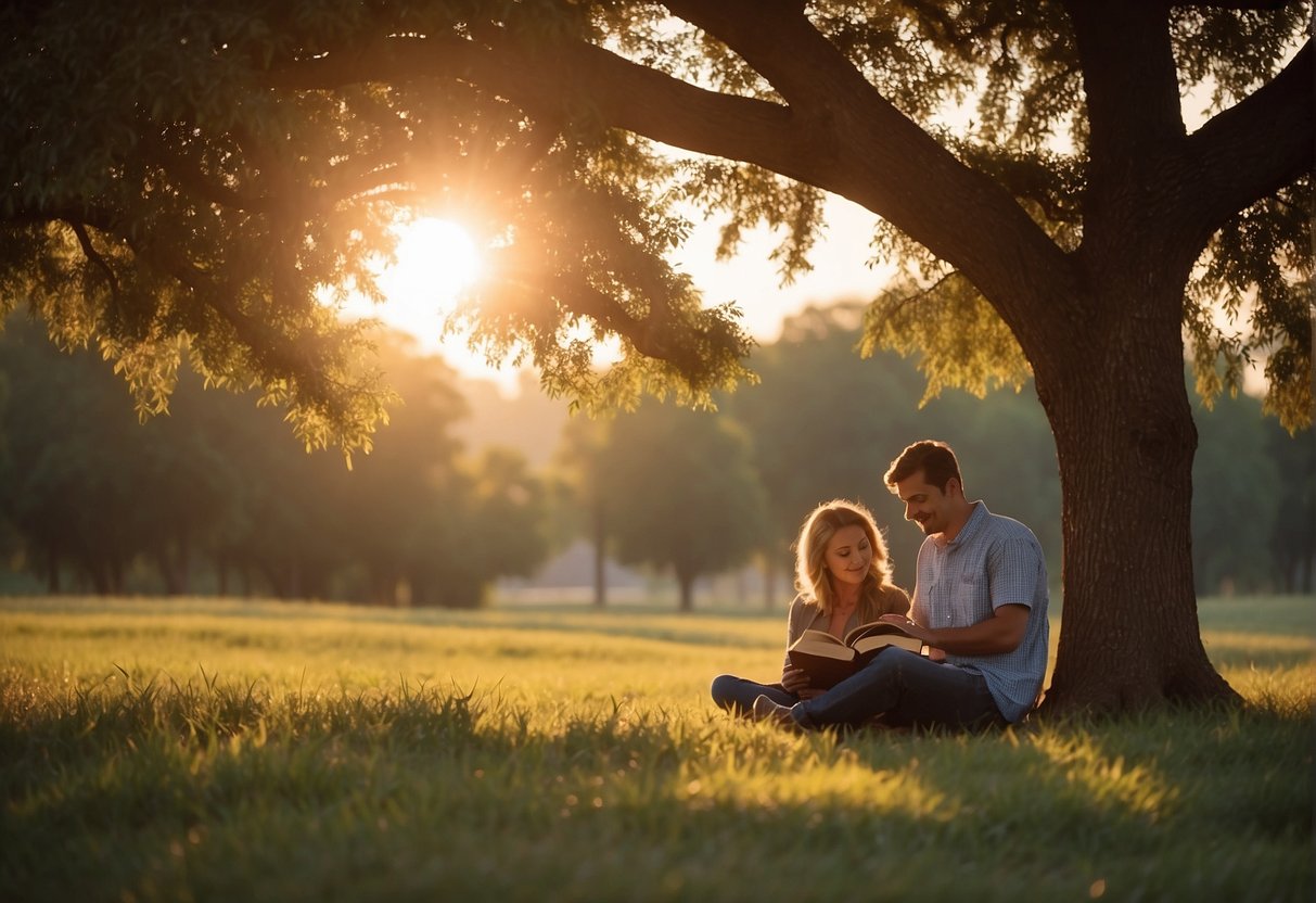 Two friends sitting under a tree, reading and discussing Bible verses about friendship. The sun is setting, casting a warm glow over the scene