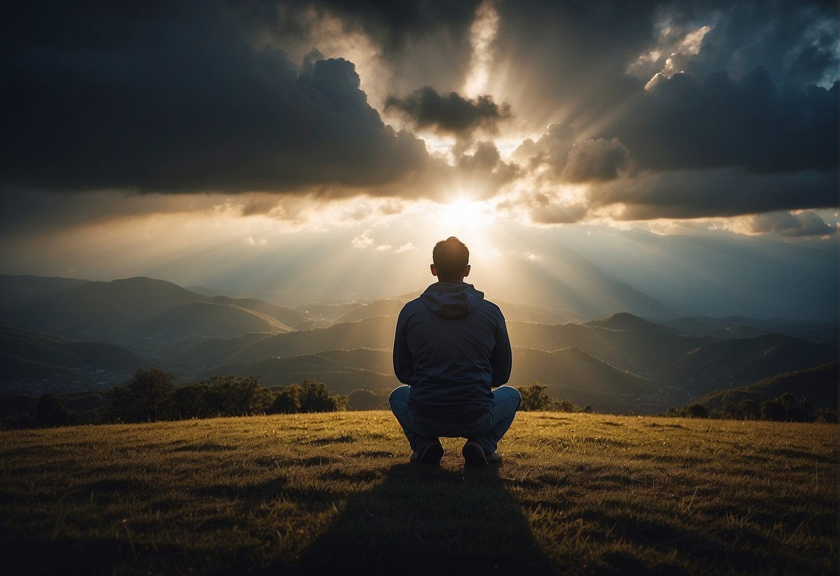 A person kneeling in prayer, surrounded by storm clouds, with a beam of light breaking through the darkness