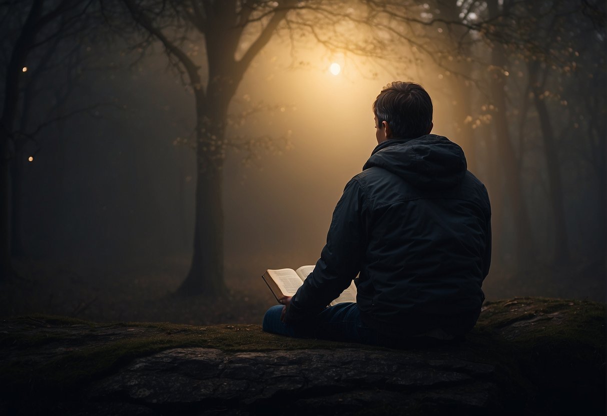 A person sitting alone, surrounded by darkness and feeling overwhelmed. A Bible open to verses about anxiety lies in front of them, offering hope and comfort