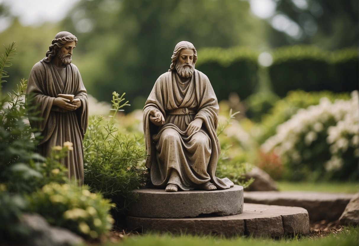 Biblical figures in a serene garden, troubled expressions, surrounded by comforting verses about anxiety