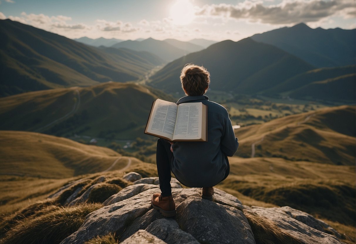A person standing on a mountain, looking out at a peaceful landscape with a Bible open, surrounded by comforting verses about anxiety