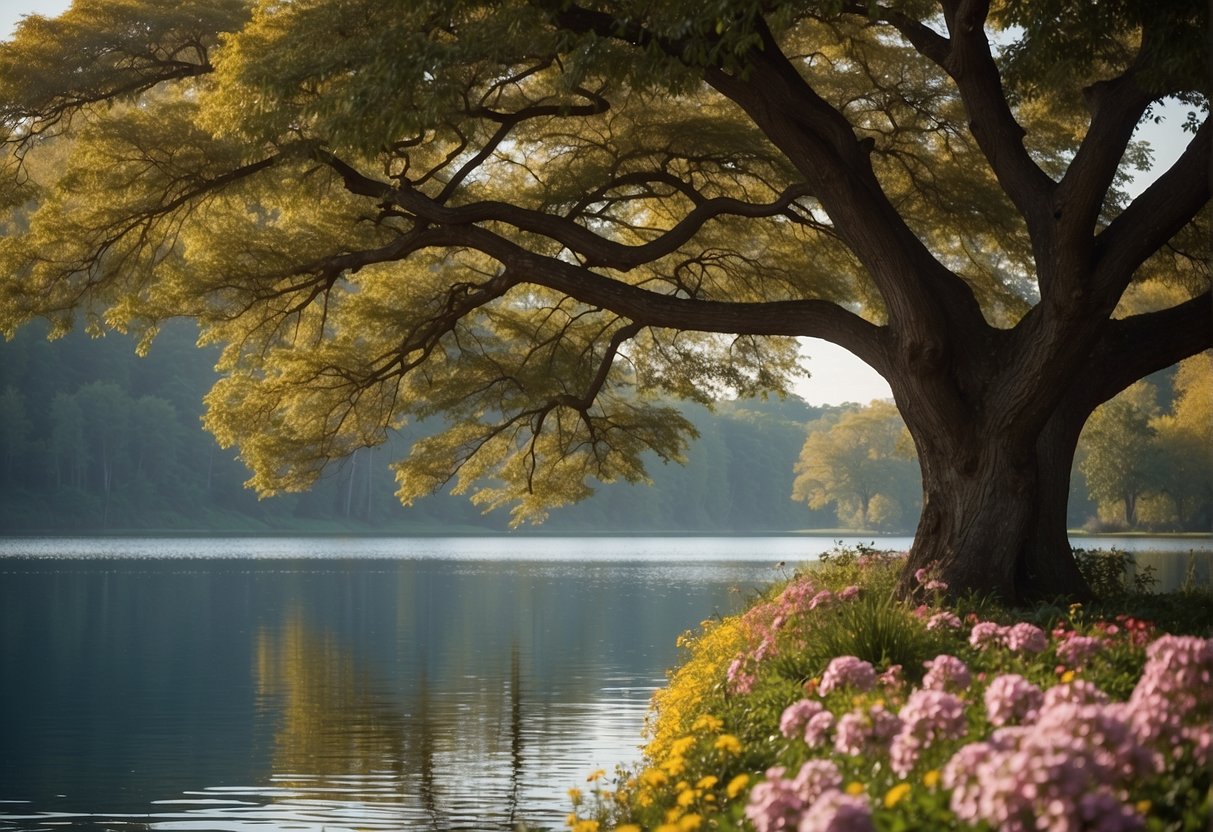 A serene landscape with a towering tree providing shade and shelter, surrounded by peaceful waters and colorful flowers, evoking a sense of calm and security