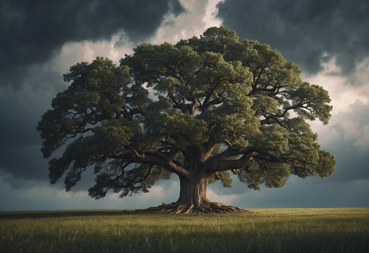 A towering oak tree stands firm amidst a storm, its roots anchored deep in the ground, symbolizing strength in hard times