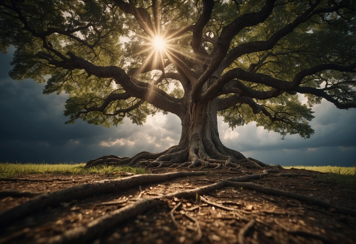 A towering oak tree stands firm against a storm, roots anchored deep in the earth. Sunlight filters through the branches, casting a warm glow on the ground below