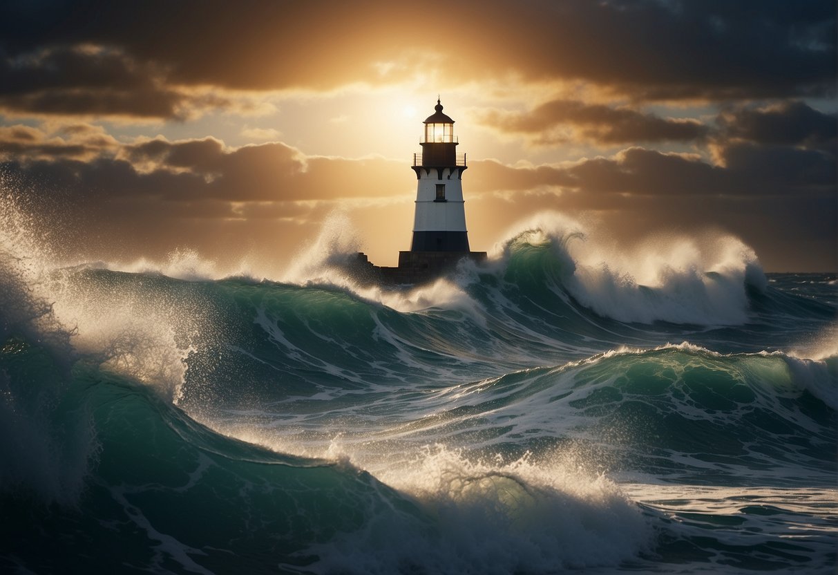 A glowing lighthouse stands tall amidst crashing waves, symbolizing the strength found in Bible verses about overcoming hard times