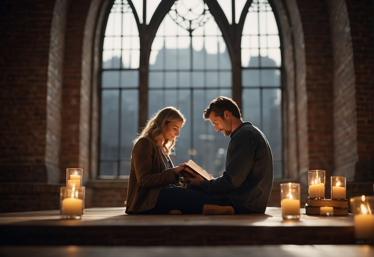 A couple sitting together reading a bible, surrounded by symbols of love and unity