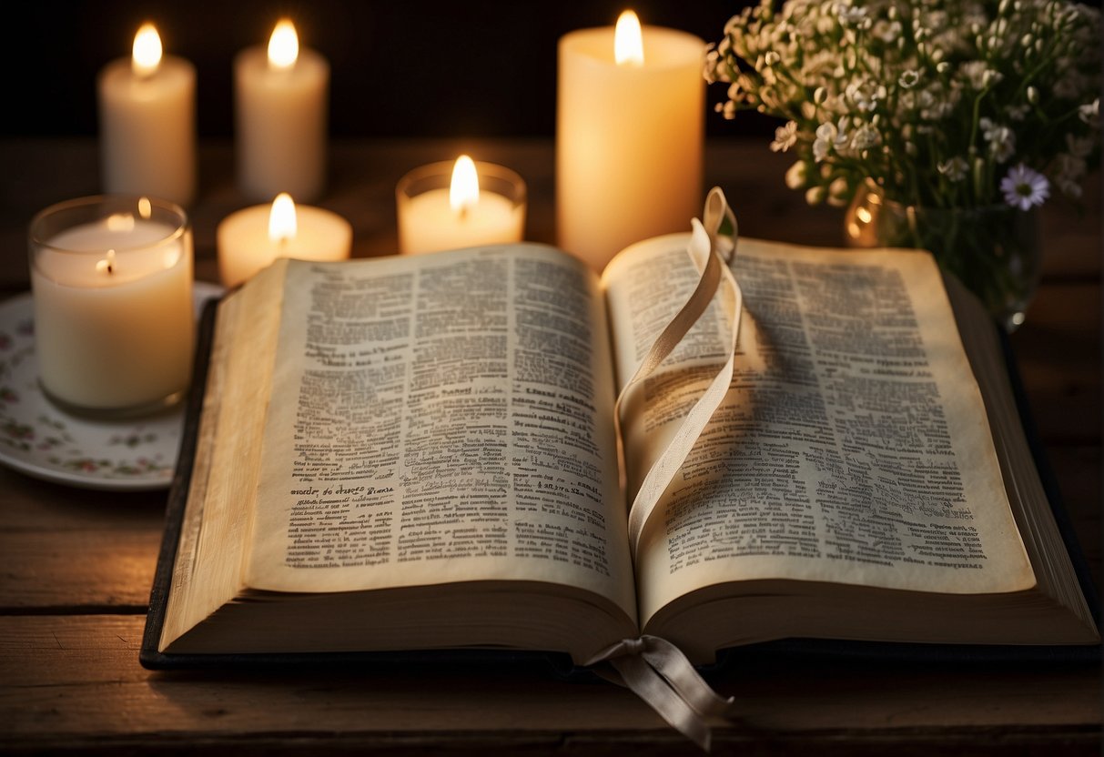 Two open Bibles on a wooden table, surrounded by soft candlelight and a vase of flowers. A bookmarked page with highlighted verses about love and respect