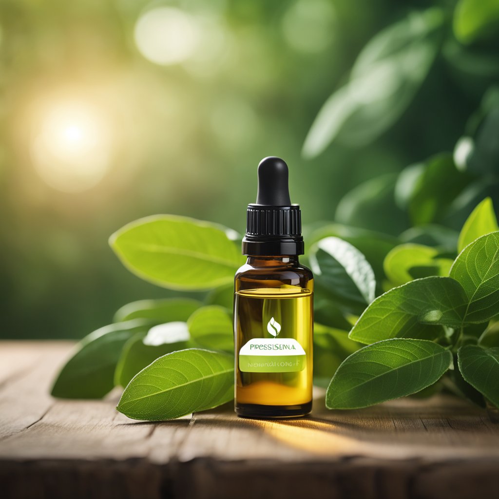 A bottle of essential oil sits next to a knee brace on a wooden table, surrounded by greenery and a warm, comforting light