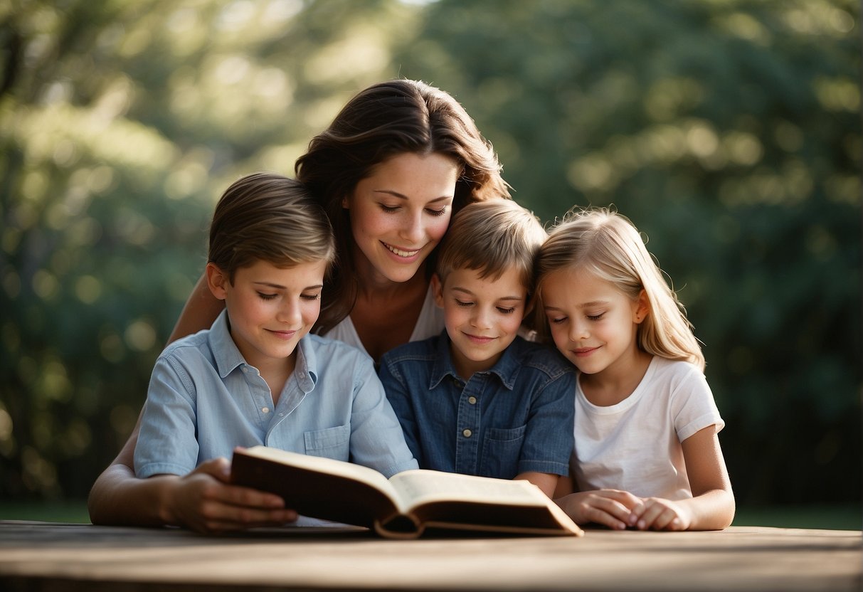 A family sitting together, reading a Bible with highlighted verses about love, respect, and forgiveness