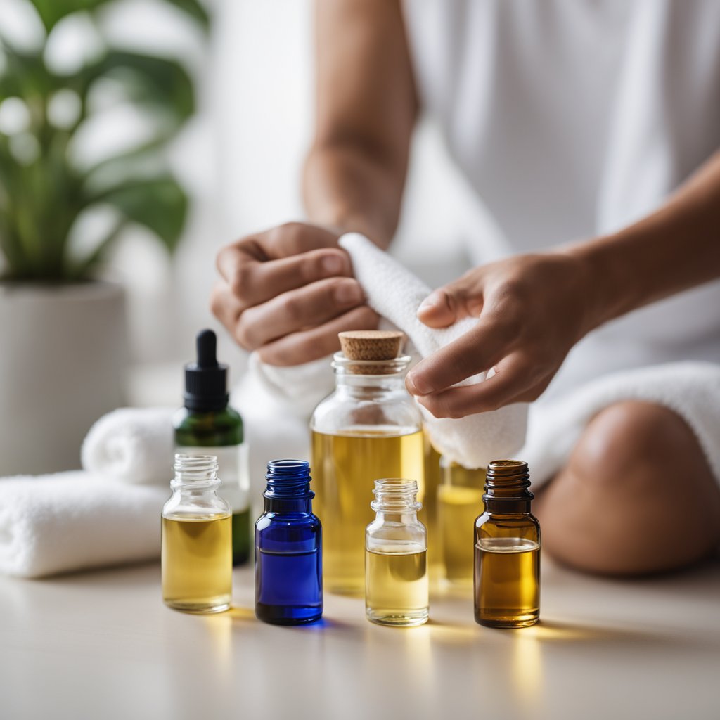 A person applying essential oils to a knee, with bottles and a towel nearby