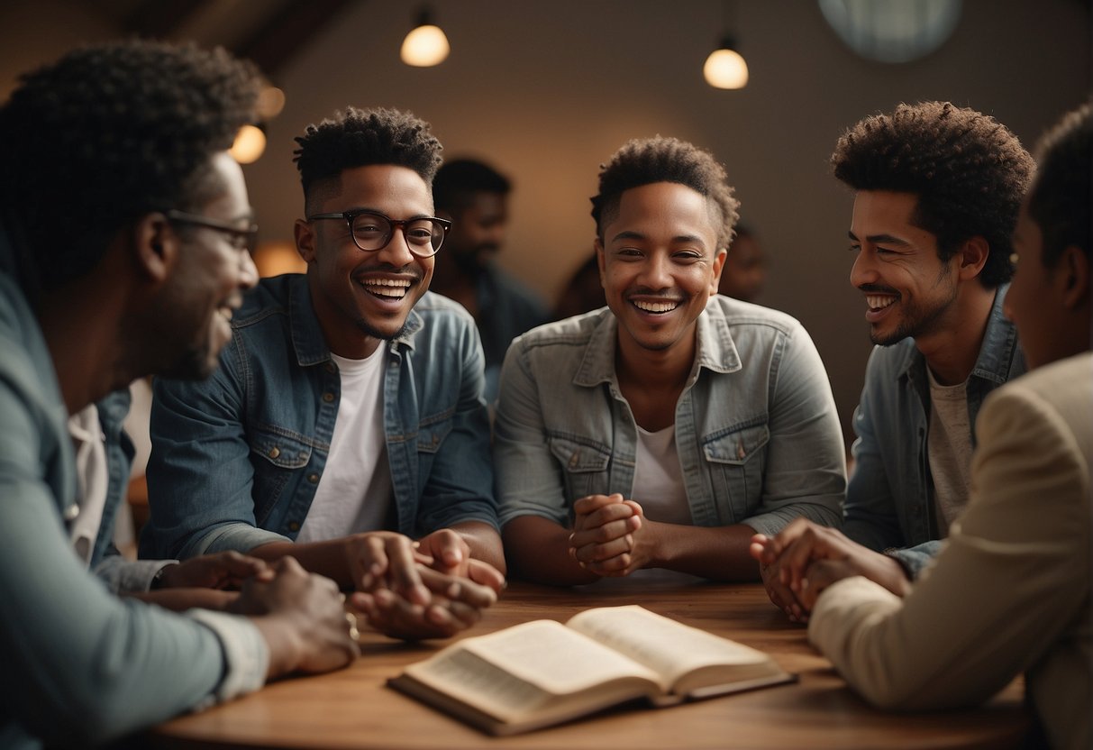 A group of diverse individuals gather in a circle, smiling and engaging in conversation. A Bible rests open in the center, with verses about friendship and fellowship highlighted