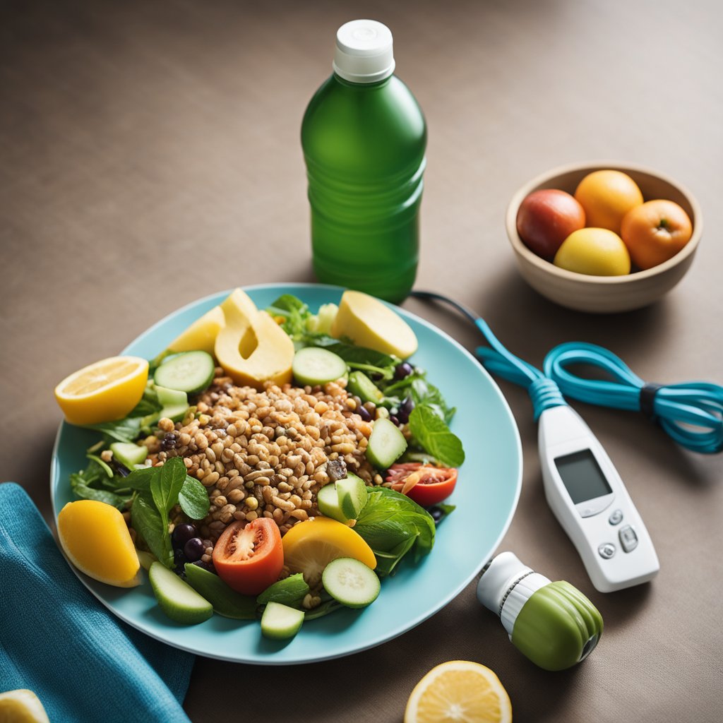 A plate of healthy food, a water bottle, a skipping rope, and a measuring tape on a table