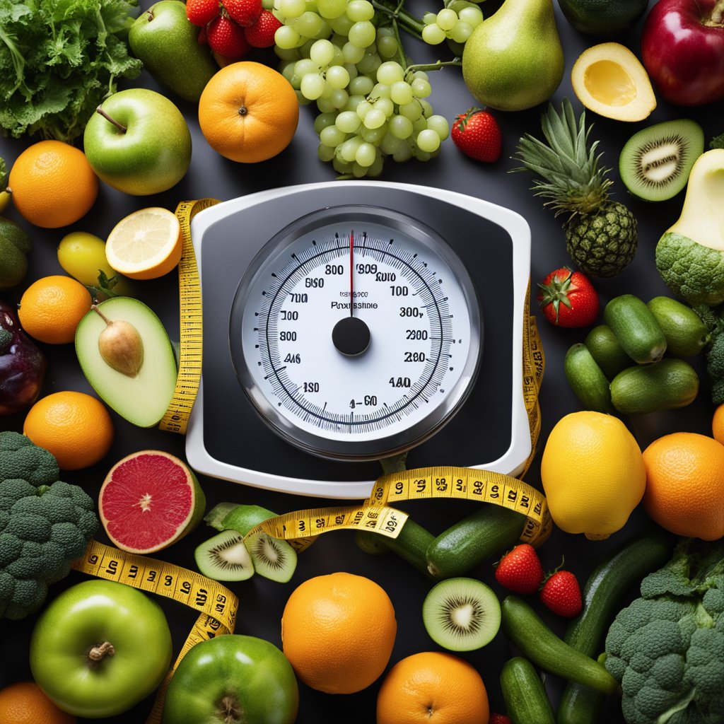 A scale displaying decreasing numbers, a tape measure wrapping around a slimming face, and a pile of healthy fruits and vegetables