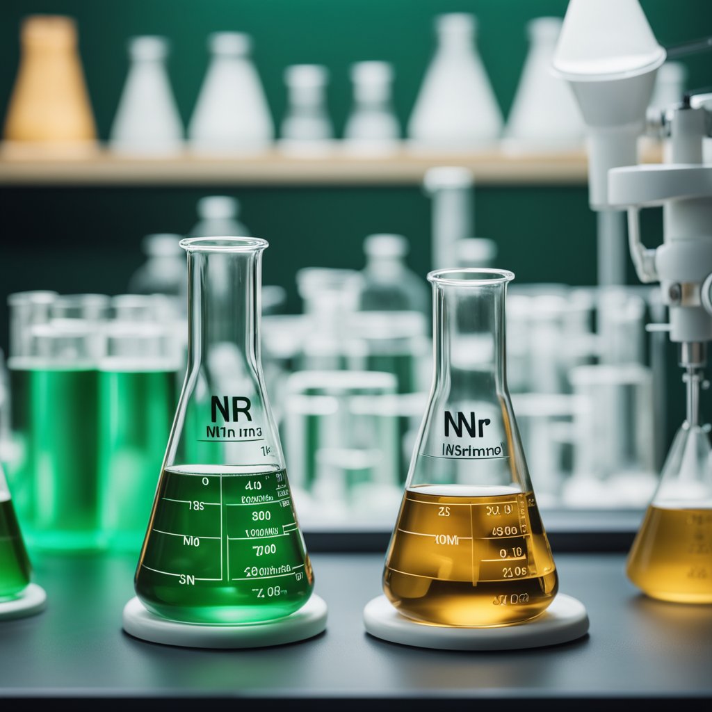 Two beakers labeled "NMN" and "NR" sit on a laboratory table, surrounded by scientific equipment