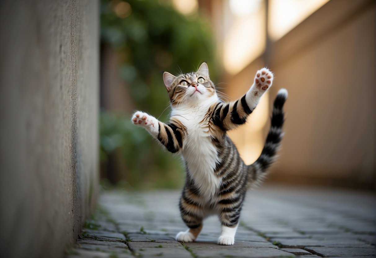 A cat stands on its hind legs, front paws reaching up to scratch at a wall with a determined expression