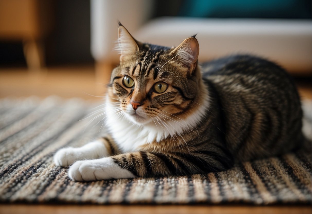 A cat sits on a cozy rug, extending its paw to lick its own foot, with a curious expression on its face