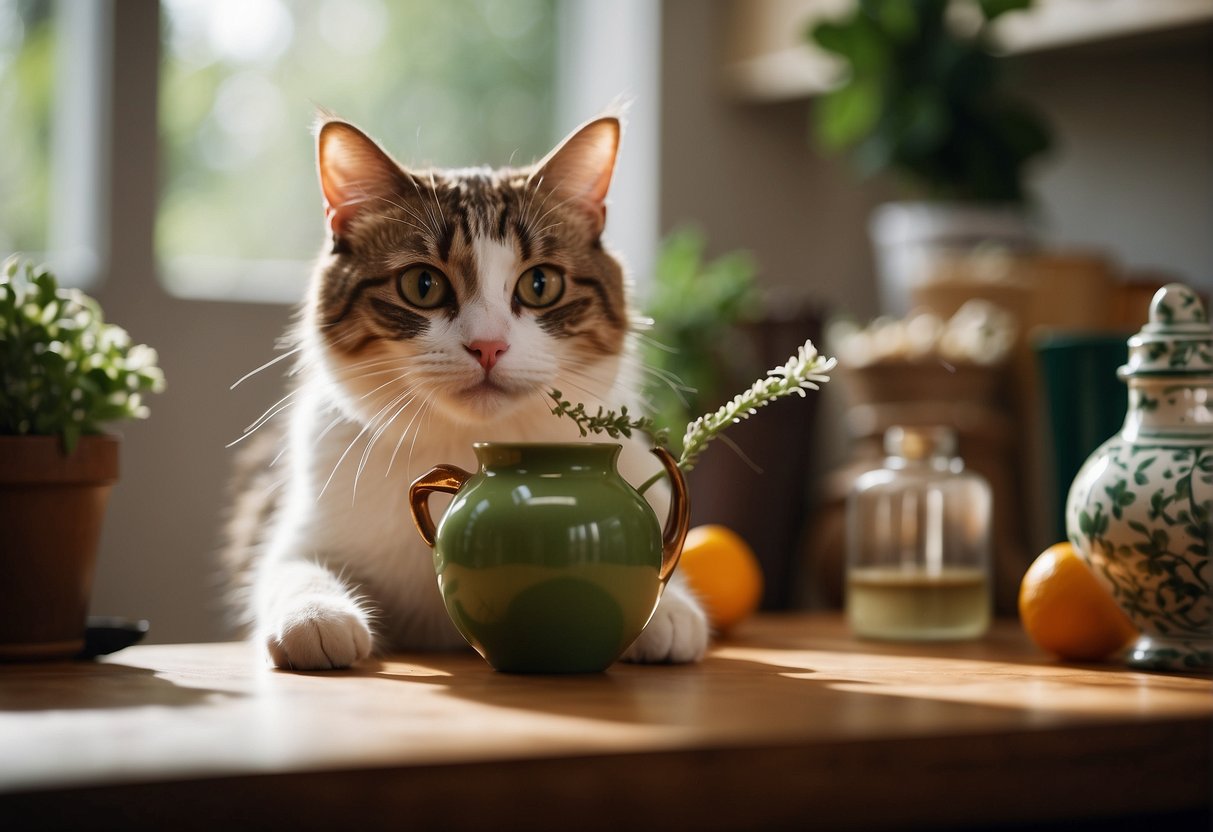 A mischievous cat knocks over a vase on a cluttered table