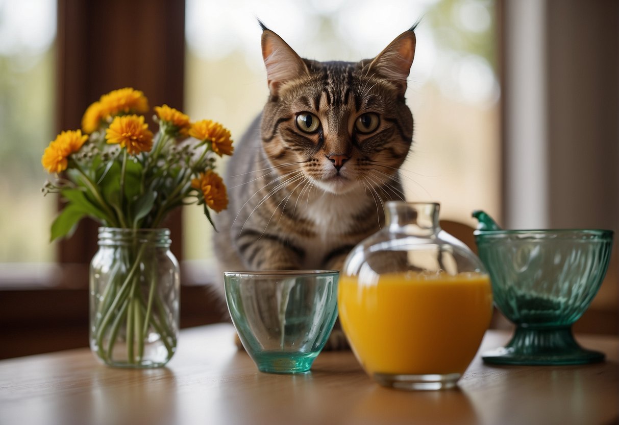 A mischievous cat swats at a vase, sending it crashing to the ground. Other items lay scattered around, evidence of the cat's playful mischief