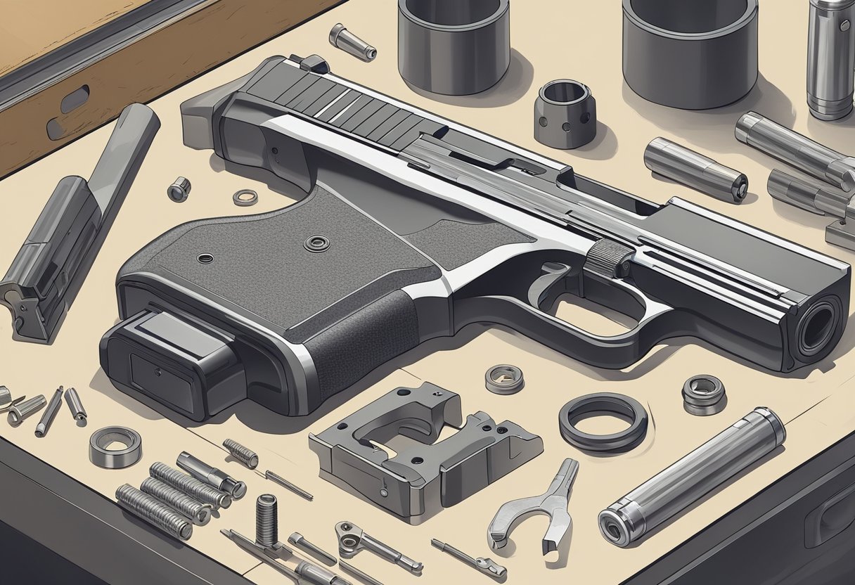An 80% pistol kit lies on a workbench, surrounded by tools and parts. A blueprint and instruction manual are nearby