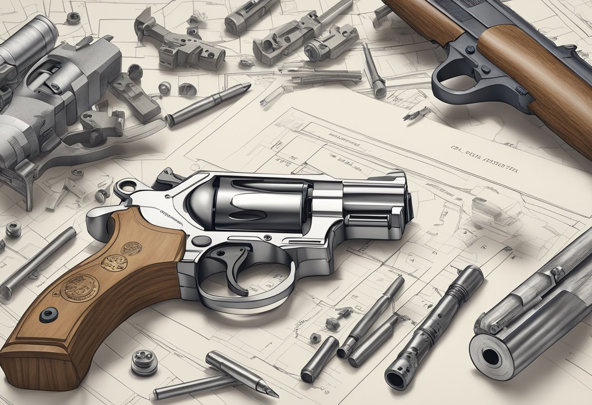 A table cluttered with gun parts and tools. An unfinished pistol sits next to a blueprint labeled "80% Pistol." Legal documents are scattered around, indicating regulation challenges