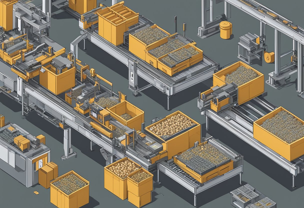 A factory floor with machinery assembling pistol parts. Boxes labeled "80% Pistols" being loaded onto a conveyor belt for distribution