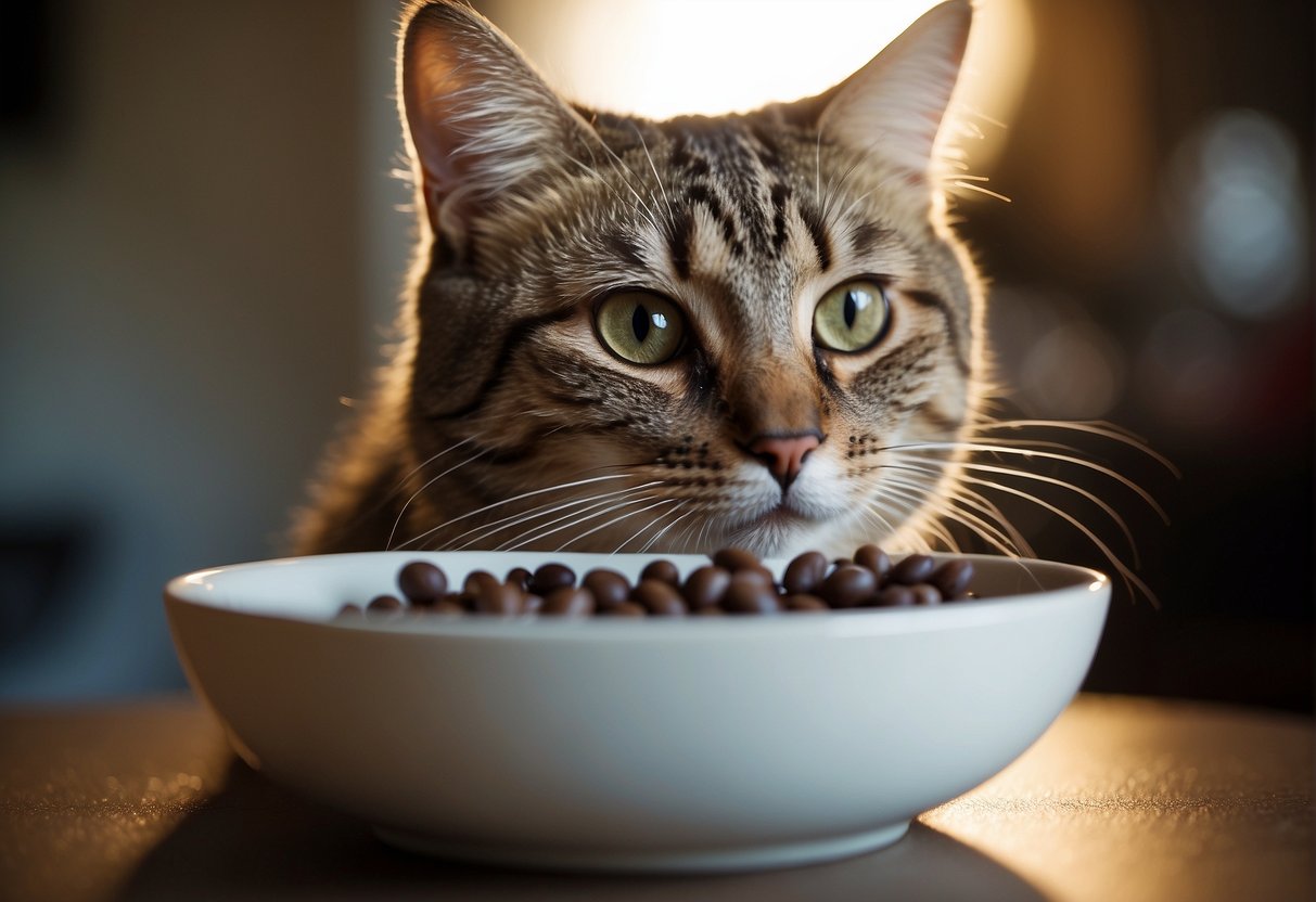 A cat eagerly eats a bowl of beans, its whiskers twitching with excitement