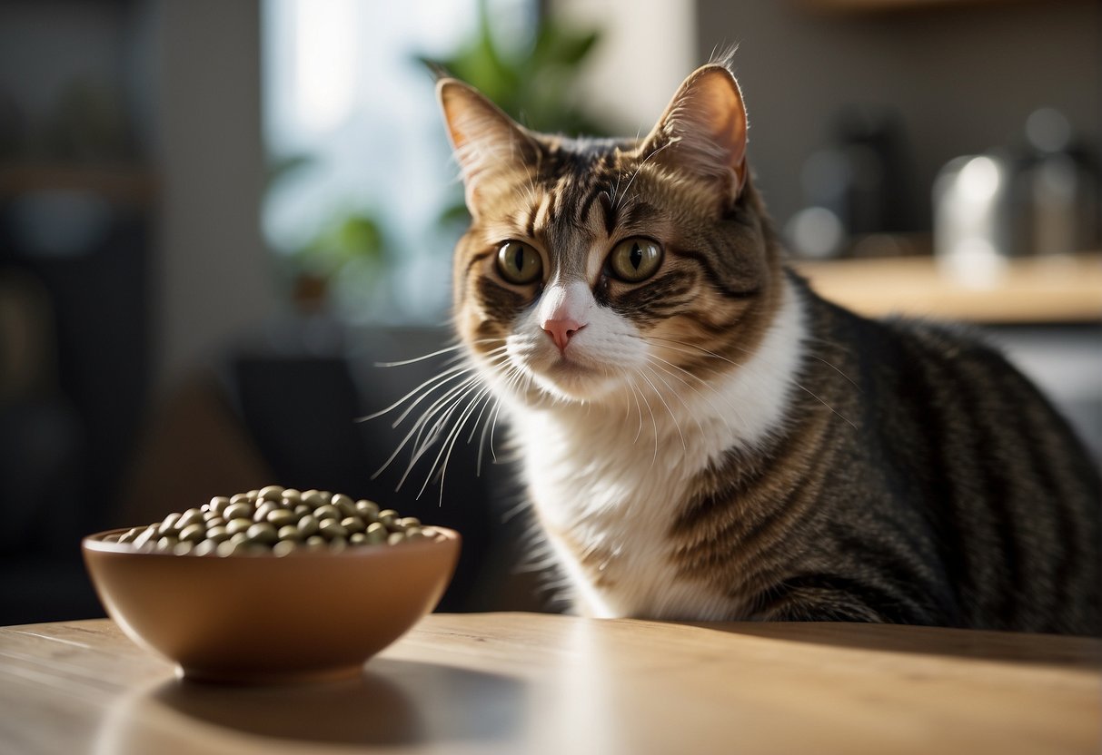 A cat sitting next to a bowl of beans, looking curious but hesitant. The cat's owner holding a bag of cat food in the background