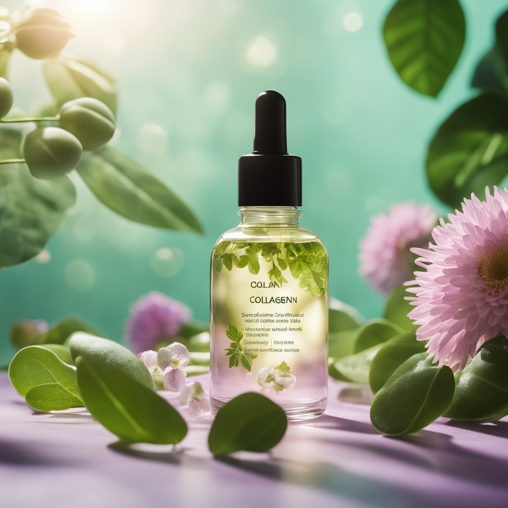 A glass bottle of collagen serum surrounded by vibrant botanicals and a soft, glowing light