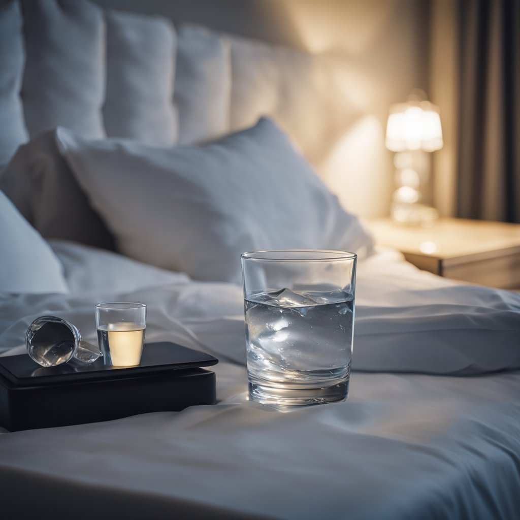 A disheveled bed with rumpled sheets and a half-empty glass of water on the nightstand