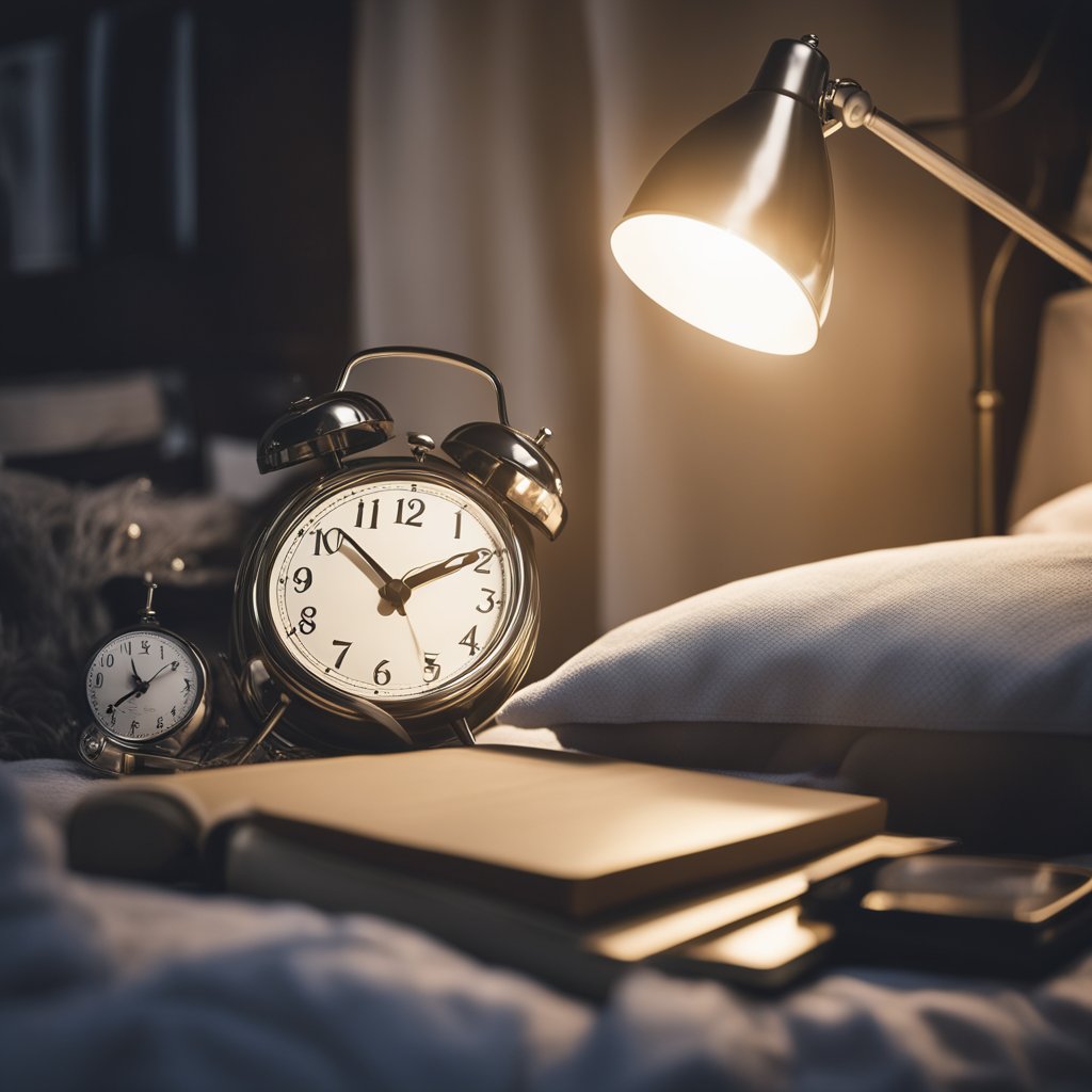 A disheveled bed with a clock showing early morning, surrounded by items like sleep aids, a notebook, and a dimly lit lamp
