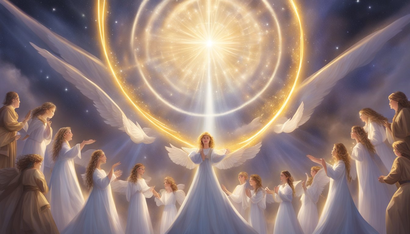A glowing number "1001" hovers above a cluster of angels, surrounded by a halo of light