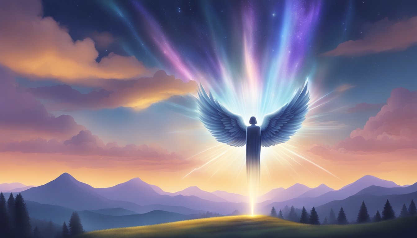 A glowing 1010 Angel Number hovers above a serene landscape, radiating spiritual energy