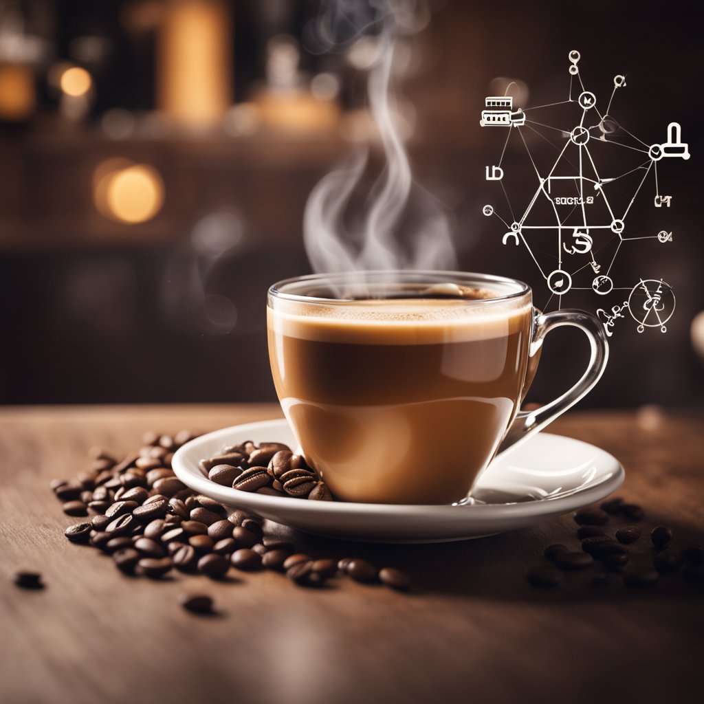 A steaming cup of coffee sits next to a testosterone molecule, surrounded by energy and vitality symbols